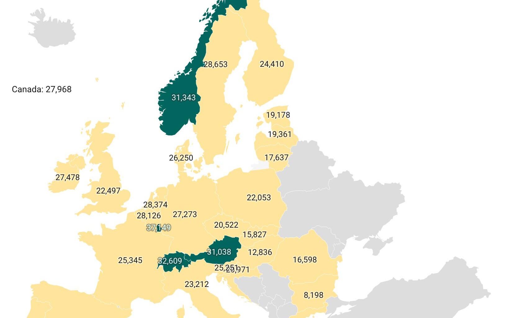 Staaten in denen das Verfügbare Medianeinkommen (angepasst an Lebenserhaltungskosten), höher als in den USA ist.