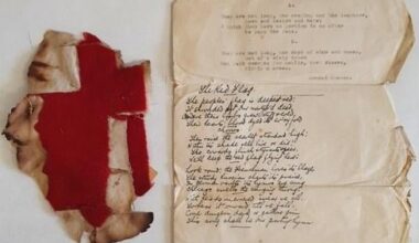 Ireland 1916 Easter Uprising: remnants of a flag from St. Stephens Green, Dublin with cursive copy of famous Red Flag poem and faded typescript of another unidentified poem sold at Purcell Auctioneers (Ireland)  for €4,250 ($4,972) on Jan 21. Reported by Rare Book Hub.