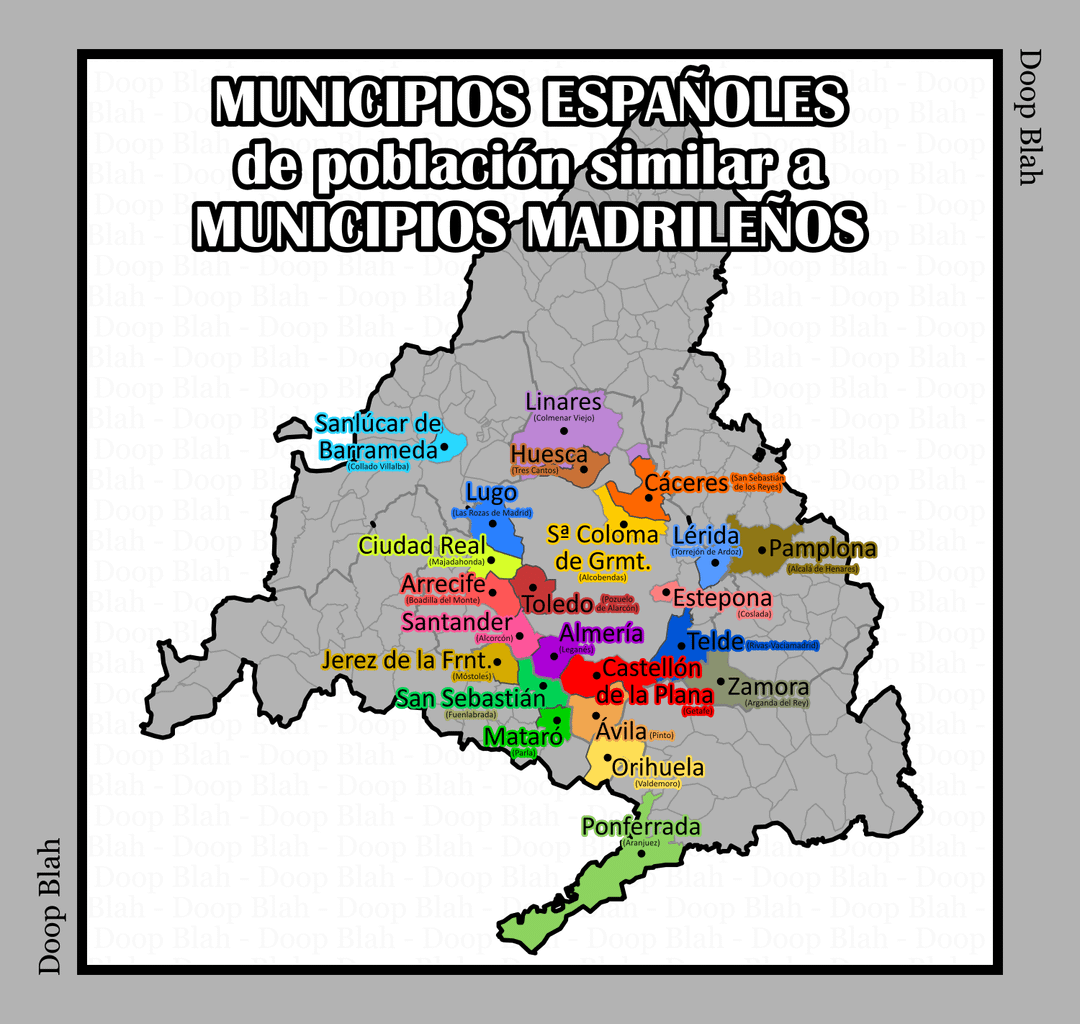 Mapa de municipios de la Comunidad de Madrid equiparados a otras ciudades españolas por población