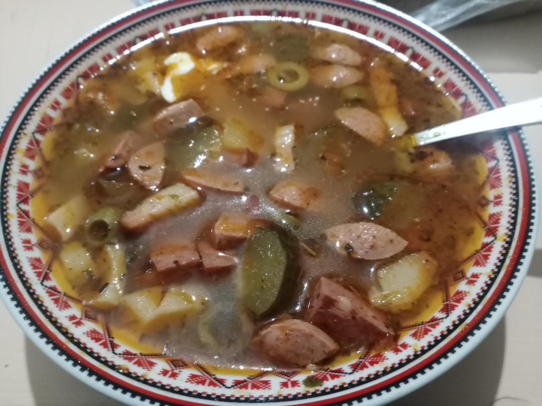Solyanka soup and second meal (mashed potatoes with stew) with Olivier-style salad served today in my military unit's canteen today. Very tasty!
