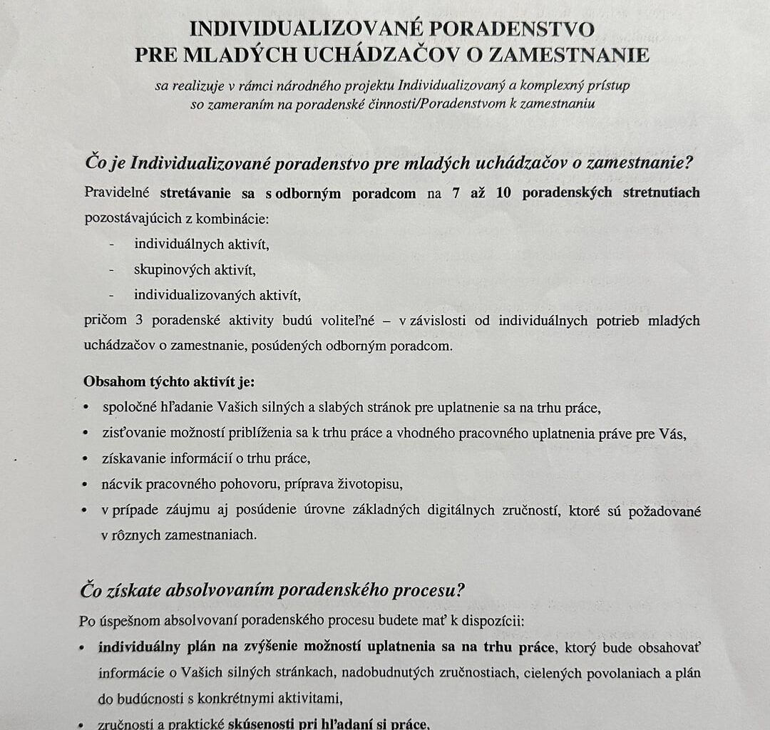 ÚPSVaR - Individualizované poradenstvo pre mladých uchádzačov o zamestnanie