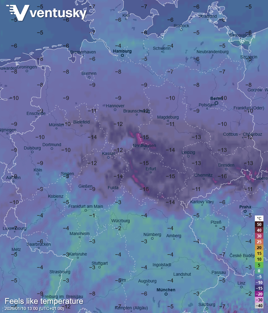The feels-like temperature in Germany on Saturday at noon will drop to around −15 °C in central parts due to winds.