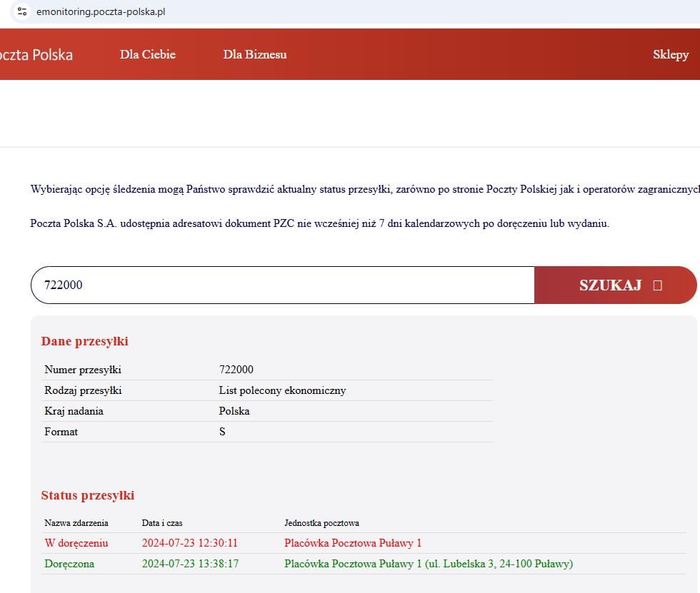 Na stronie Poczty Polskiej można sobie przejrzeć historię przesyłek po numerach 1-722000
