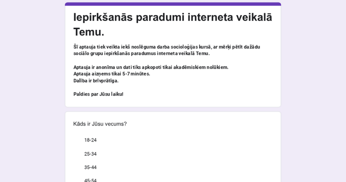 Aptauja par iepirkšanos tiešsaistes veikalā Temu