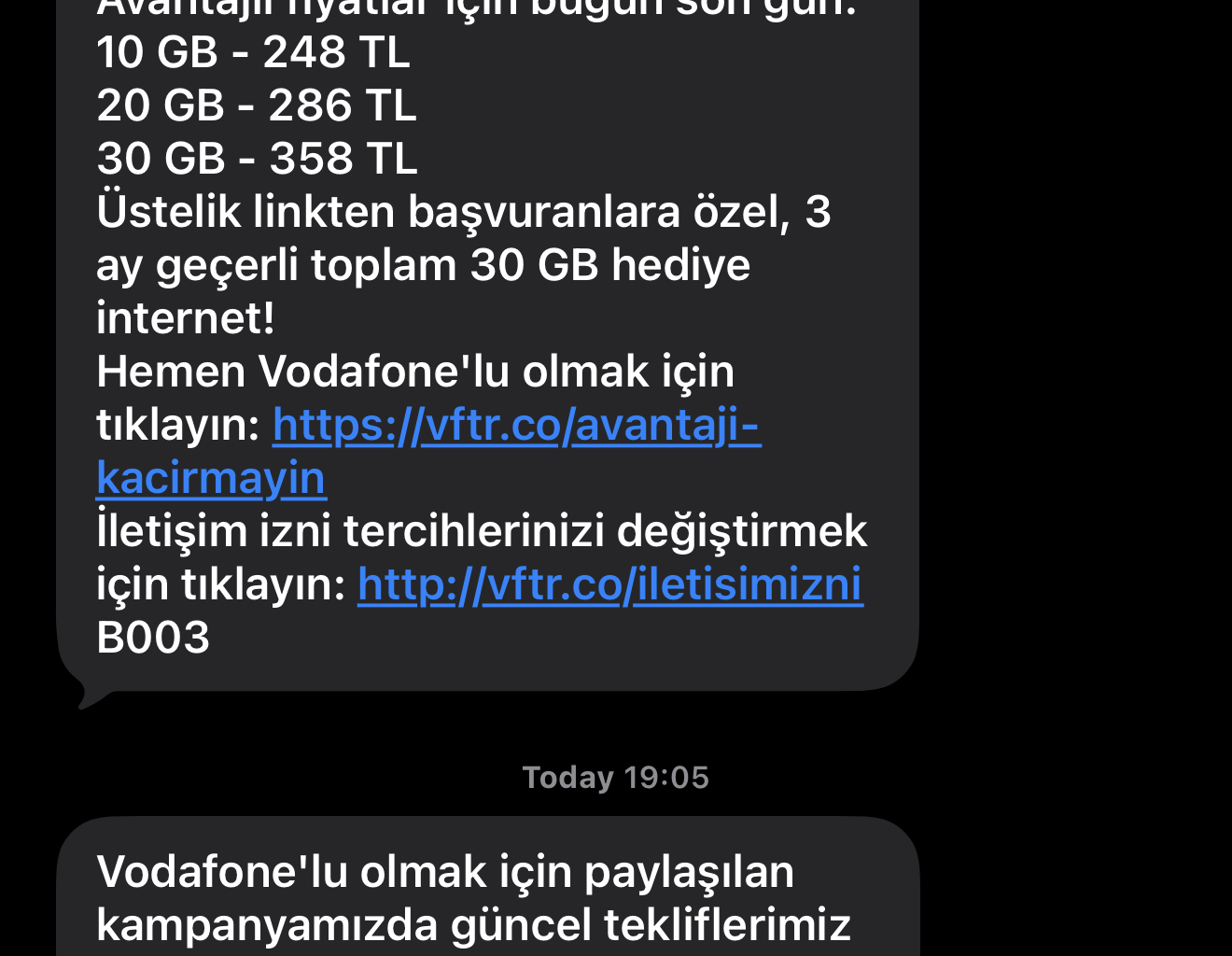 Vodafone, iki saat icinde ne oldu da fiyat 358 TL den 417 TL ye cikti?