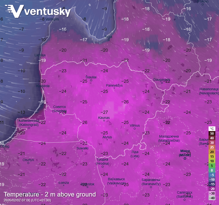 Stipriausi šalčiai prognozuojami pirmadienio rytą, dažnai žemiau –25 °C
