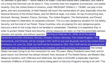 JUST IN - Trump announces 10% tariff for Denmark, Norway, Sweden, France, Germany, UK, Netherlands and Finland from Feb 1st, increasing to 25% on June 1st, until "a Deal is reached for the Complete and Total purchase of Greenland."