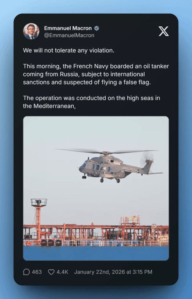 Prancūzija rodo raumenis: Viduržemio jūroje sulaikė su Rusija susijusį naftos tanklaivį: "Mes nieko nepraleisim"