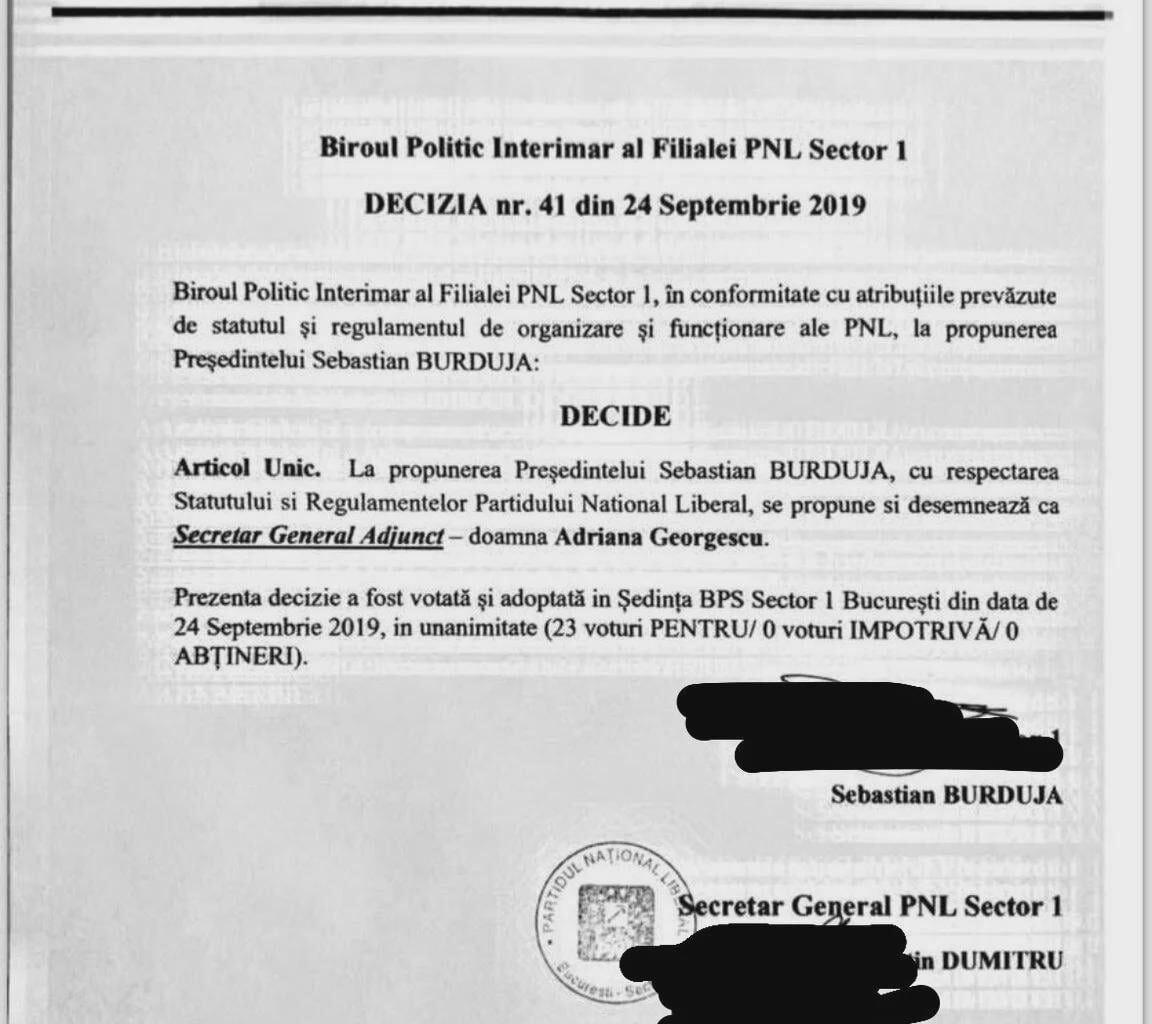 Decizia prin care avocata PNL prinsă că lua șpagă devenea secretar general adjunct al filialei Sector 1, condusă de Sebastian Burduja