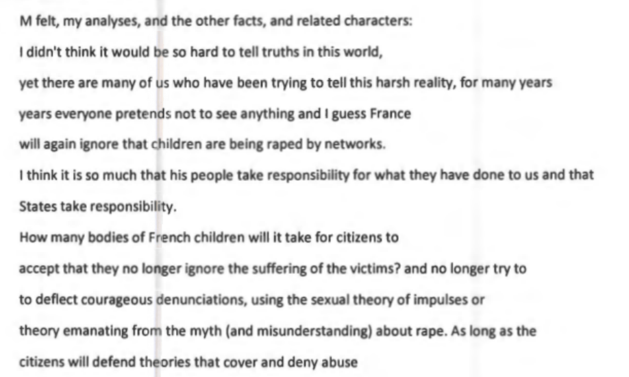 Extract du pdf EFTA00079513.pdf. Déposition d'une victime de citoyenneté Française dans l'affaire Epstein. Si vous avez le courage, Lisez les 38 pages, il y a pas mal de "célébrités" Française citées. (Balkany, Frank Ribery .... )