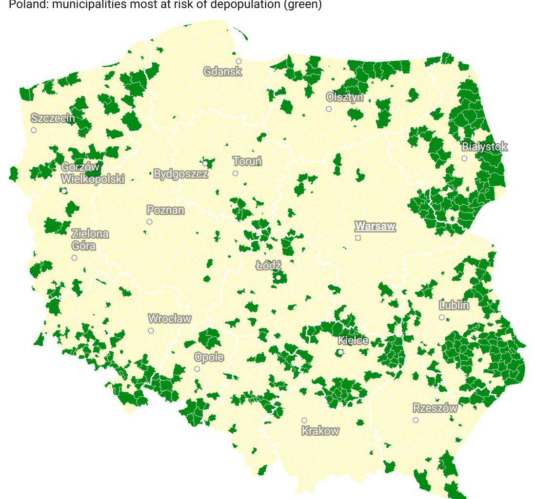 Gminy najbardziej zagrożone wyludnieniem - mapka