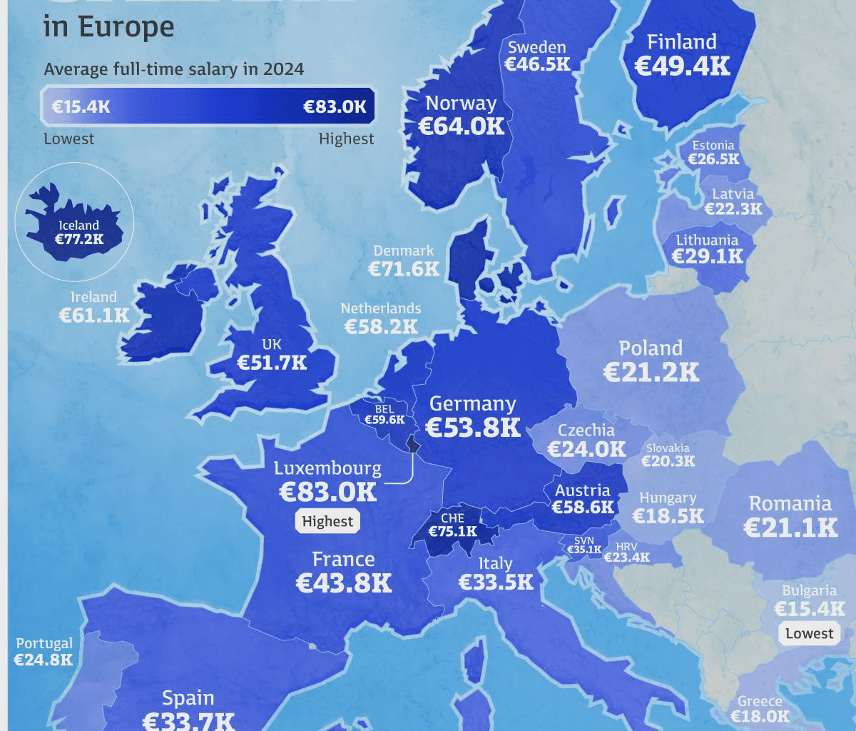 Средна пълна заплата в Европа