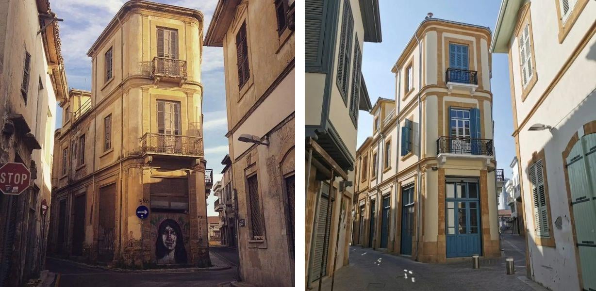 A building in walled Nicosia, Cyprus—before and after.
