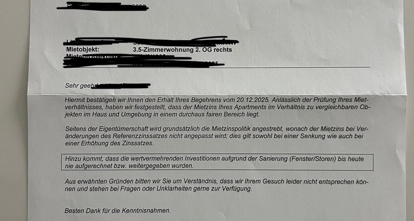 Ich han de vermieter um mietzinsreduktion gfrogt will de red uf 1.25 isch und ha de brief becho