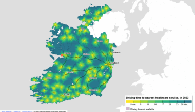 Driving time to nearest healthcare service, in 2023