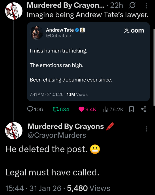 Dosarele Epstein DE ROMÂNIA. Ce postare a mai șters ieri Andrew Tate? Asta ca să vă aduc aminte că jarteaua de George Simion a ieșit public să îl apere pe Andrew Tate imediat după ce a fost arestat că a abuzat sexual în mod REPETAT o copilă româncă de 15 ani.