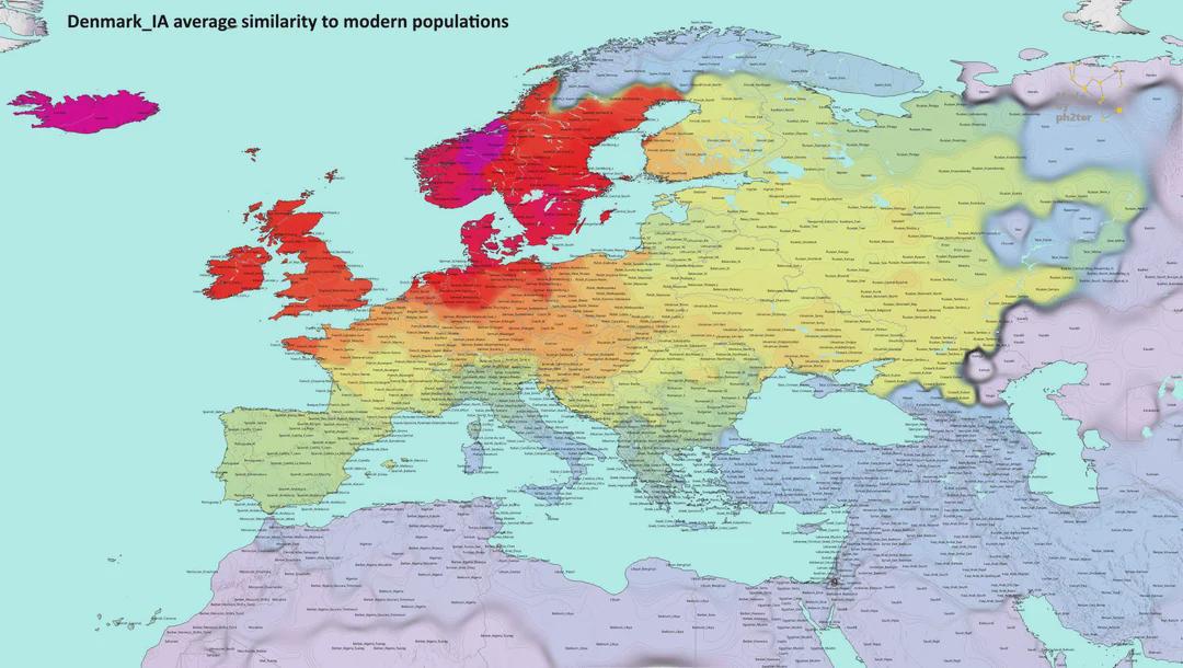 Genetic Heat map of Iron Age Samples from Denmark to modern population