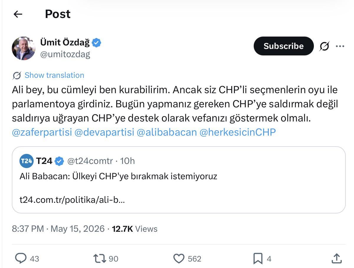 Ümit Özdağ: Ali bey, bu cümleyi ben kurabilirim. Ancak siz CHP’li seçmenlerin oyu ile parlamentoya girdiniz. Bugün yapmanız gereken CHP’ye saldırmak değil saldırıya uğrayan CHP’ye destek olarak vefanızı göstermek olmalı.