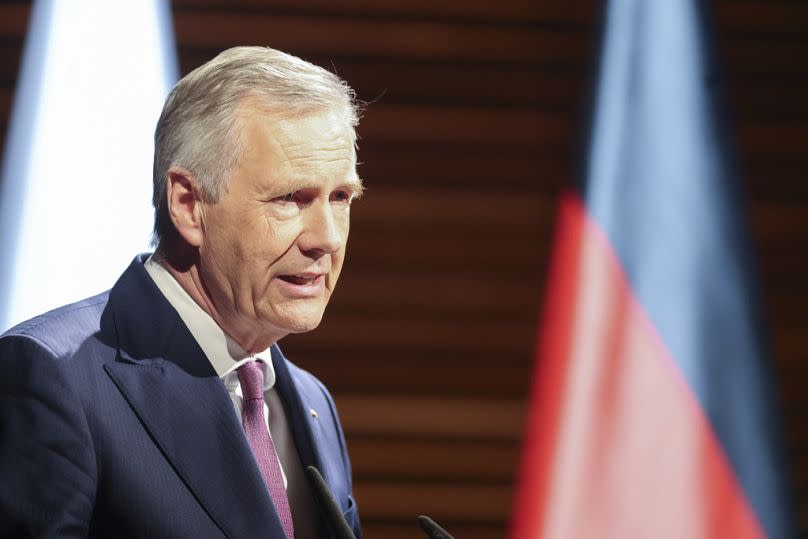 L'ancien président allemand Christian Wulff lors d'une cérémonie marquant le 80e anniversaire de la libération du camp de concentration de Buchenwald, dimanche 6 avril 2025