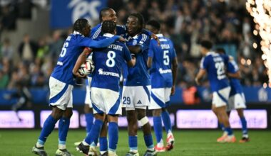 La joie des joueurs de Strasbourg lors du match de Ligue 1 face à l