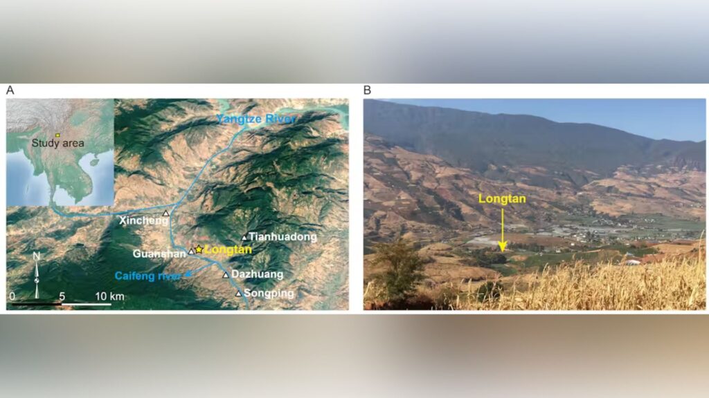 A. Carte montrant l'emplacement de la découverte de la boîte à outils Quina en Chine, à la marge sud des montagnes Hengduan du plateau tibétain. B. Vue du paysage montrant le site archéologique de Longtan. // Source : Hao Li, CC BY-ND