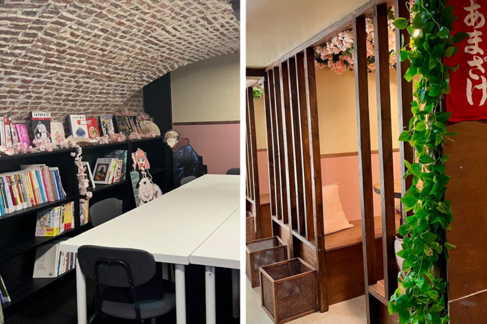 Un espace pour les ateliers est aménagé au sous-sol, avec une bibliothèque. À l'étage, vous pouvez manger dans des espaces cloisonnés, inspirés des izakuras.