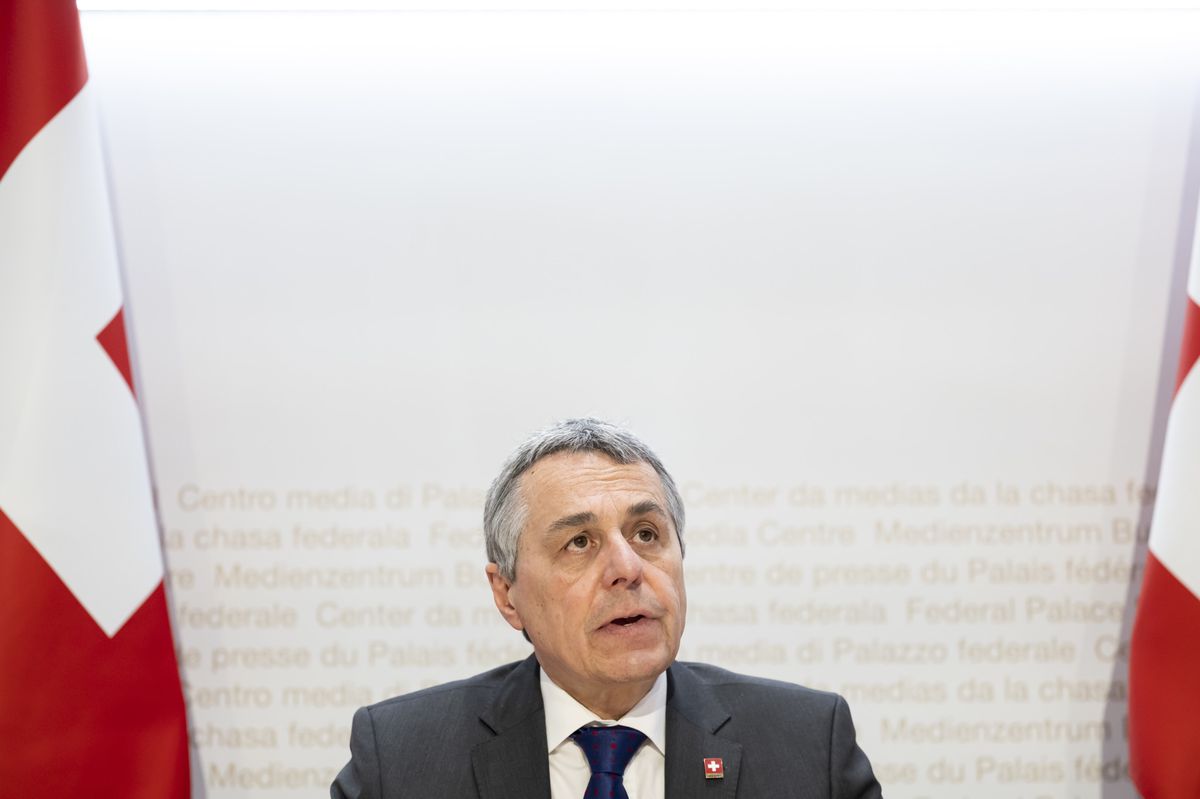 Ignazio Cassis lors d’une conférence de presse sur le paquet Suisse-UE, le 30 avril 2025, au Medienzentrum Bundeshaus à Berne.