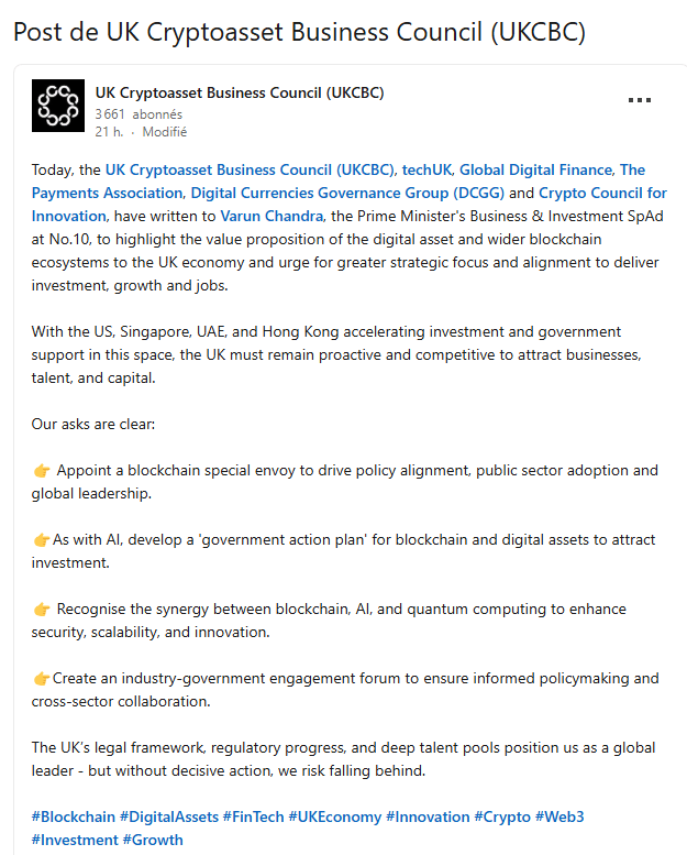 Dans une lettre adressée au Premier ministre Keir Starmer, plusieurs associations professionnelles de la blockchain et de la cryptomonnaie demandent la nomination d’un envoyé spécial et la mise en place d’un plan d’action pour soutenir l’industrie nationale. 