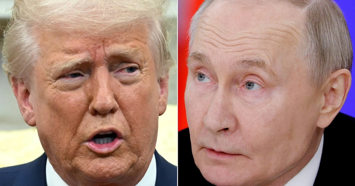 (COMBO) Cette combinaison de photos créée le 17 mars 2025 montre, G-D, le président américain Donald Trump à Washington le 13 mars et le président russe Vladimir Poutine à Moscou le 13 mars 2025.