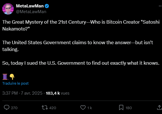 Un nouveau prétendant au mystère Satoshi Nakamato vient de se manifester ! James A. Murphy veut attaquer le gouvernement américain pour l'obliger à révéler ce qu'il sait sur le créateur de Bitcoin. 
