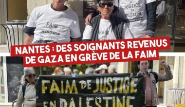 Pascal André, Amina Mansouri et Maria Sakali, membres du collectif «Jeûne Solidaire / Hungry for Palestine», lors de leur tournée à Nantes pour leur grève de la faim.