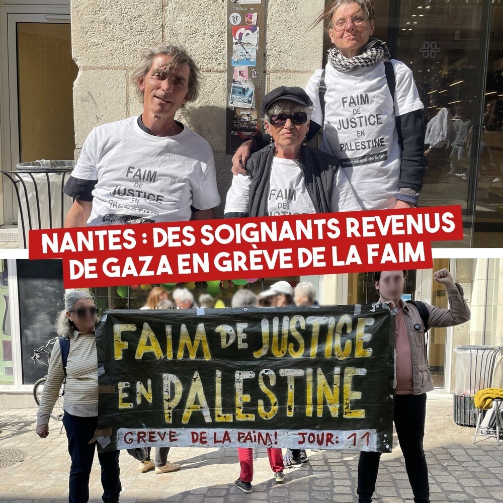 Pascal André, Amina Mansouri et Maria Sakali, membres du collectif «Jeûne Solidaire / Hungry for Palestine», lors de leur tournée à Nantes pour leur grève de la faim.