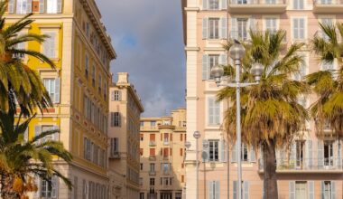 Nice, France, colorful facade, with typical windows and shutters, in a charming street with palm trees
