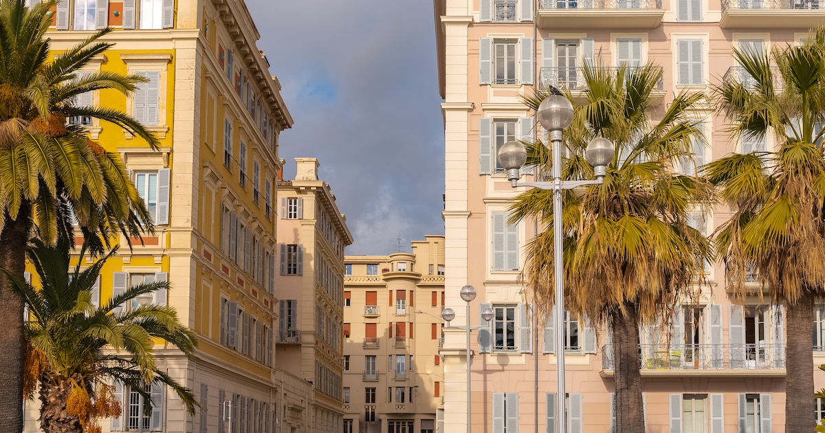 Nice, France, colorful facade, with typical windows and shutters, in a charming street with palm trees