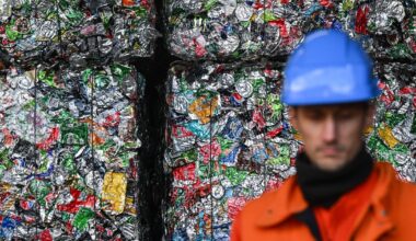 Un empilement de compressions métalliques es issues des chutes de production de canettes dans l'usine de recyclage et de production d'aluminium à Biesheim dans le Haut-Rhin le 5 décembre 2022
