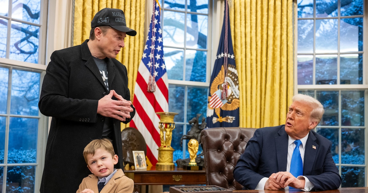 esla and SpaceX CEO Elon Musk with his son X � A-Xii join US President Donald Trump as he signs executive orders in the Oval Office of the White House in Washington, DC, February 11, 2025. Tech billionaire Elon Musk, who has been tapped by President Donald Trump to lead federal cost-cutting efforts, said the United States would go "bankrupt" without budget cuts. Musk leads the efforts under the newly created Department of Government Efficiency (DOGE), and was speaking at the White House with Trump, who has in recent weeks unleashed a flurry of orders aimed at slashing federal spending. (Photo by Jim WATSON / AFP)