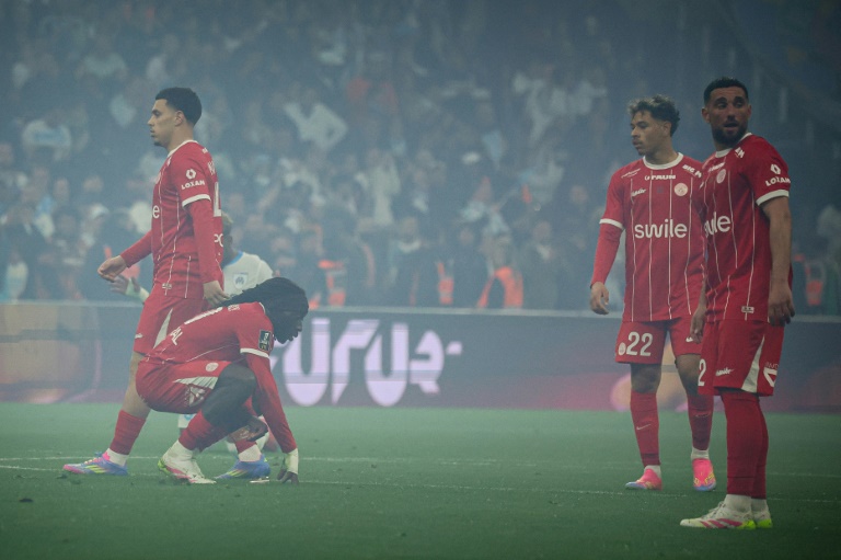 Les joueurs de Montpellier le 19 avril 2025 à Marseille (CLEMENT MAHOUDEAU)