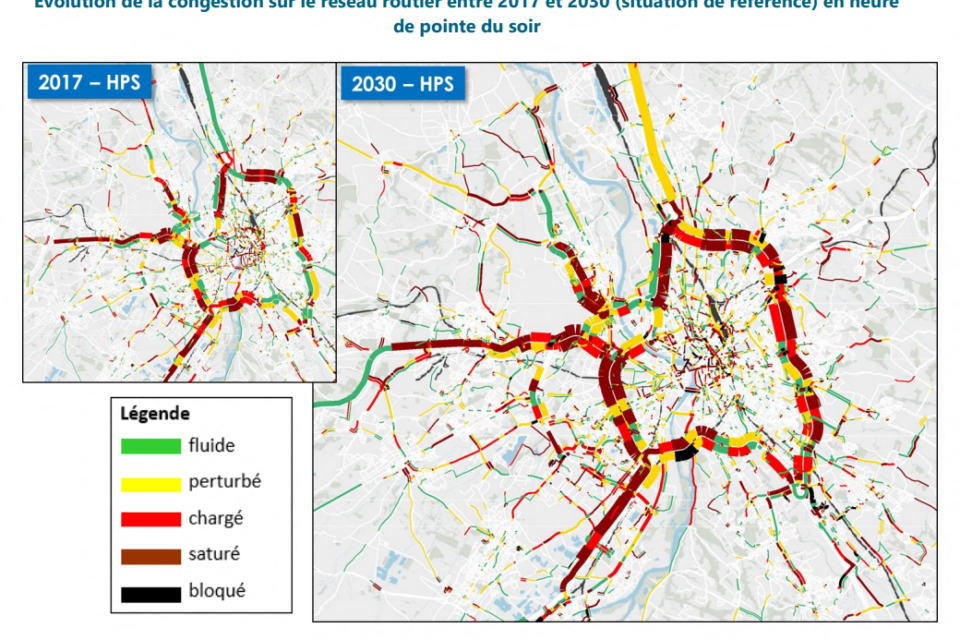 Évolution de la congestion sur le réseau routier entre 2017 et 2030 (situation de référence) en heure
de pointe du soir