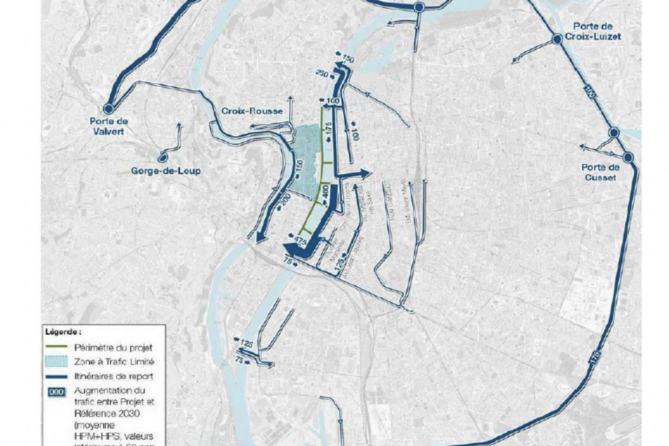 La carte du report de trafic engendré par le projet de rive droite du Rhône.