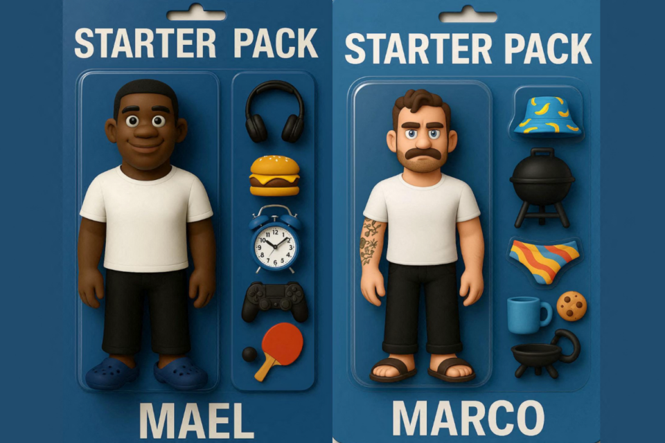 Maël Moustins et Marco Tauleigne en tenu décontracté dans leur starter pack généré par le club de Montpellier