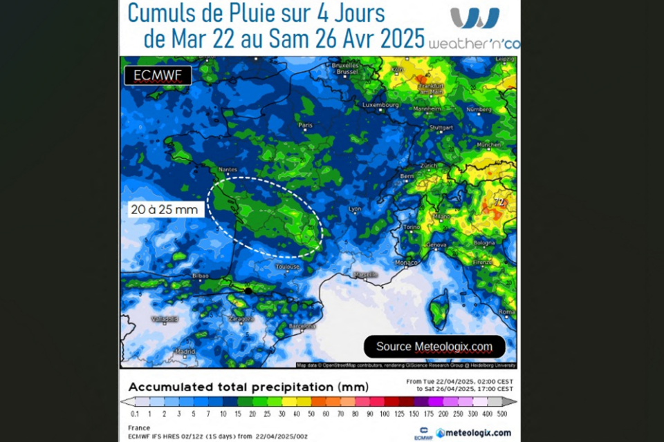 Arrivée ce mardi soir sur la pointe de la Bretagne, une nouvelle perturbation traversera le pays ce mercredi 23 avril 2025. Samedi, une nouvelle perturbation va apporter de la pluie ou des orages sur une moitié ouest du pays, tandis que le soleil brillera souvent sur l'Est,