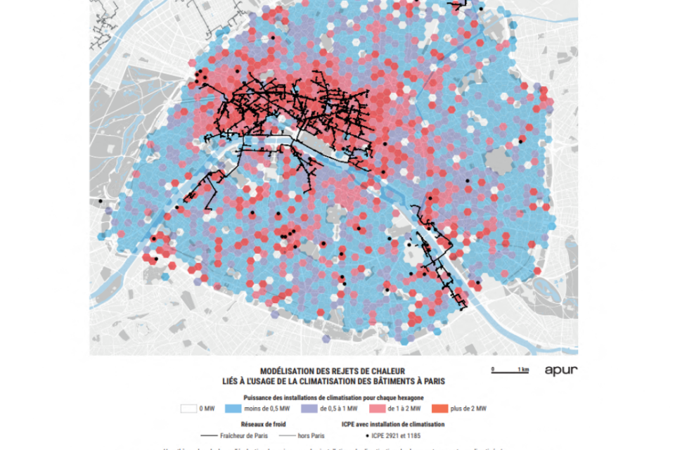 L'Apur a cartographié les rejets de chaleur liés à l'usage de la climatisation à Paris.