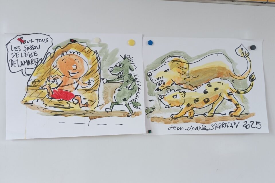 L'illustration dédicacée de Jean-Charles Sarrazin, pour les CP de l'école Delamare.