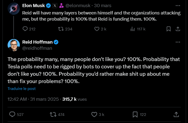 Echange sur X entre Elon Musk et Reid Hoffman  // Source : Capture X 