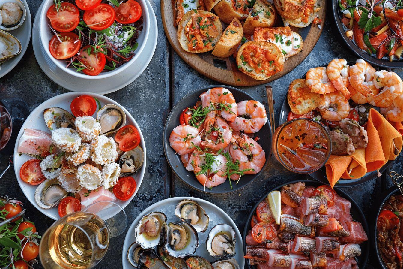 Assiettes garnies de crevettes, huîtres, salades et tartines grillées