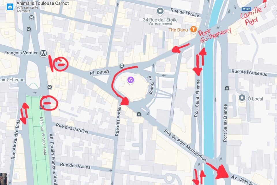 Nouvelle circulation dans le secteur de la place Dupuy. Mise à double sens du port Saint-Etienne, mise en impasse de la rue des Frères Lion et inversion de la circulation sur les Allées François Verdier, désormais côté rue de Metz
