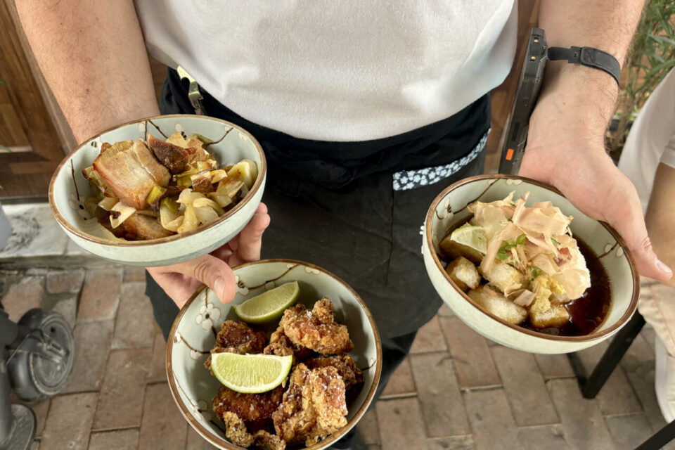 Tapas japonais : Karaage mariné, Agedashi au tofu, Yaki butanegi 