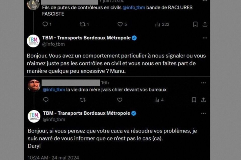 Des insultes envers les contrôleurs et TBM parfois (souvent) sans contexte. Et imagées.
