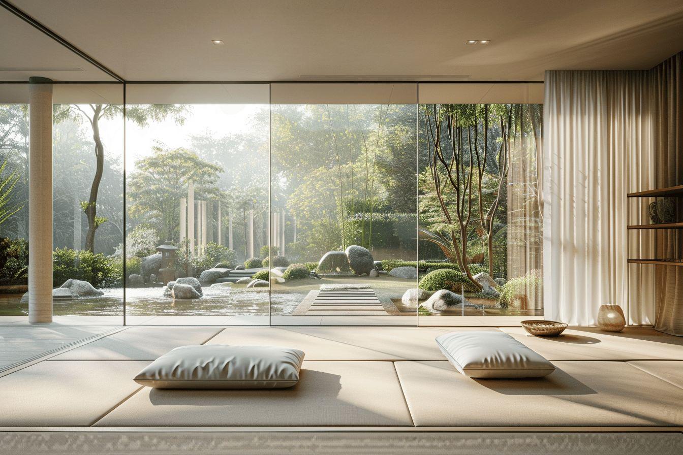 Pièce lumineuse avec grand mur vitré donnant sur un jardin zen paysager.