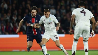 Lucas Digne le 9 avril 2025, lors du quart de finale aller de Ligue des champions entre le PSG et Aston Villa, au Parc des Princes.